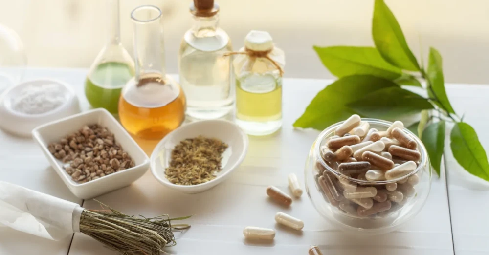 Herbal supplements, oils, and capsules on a tabletop.