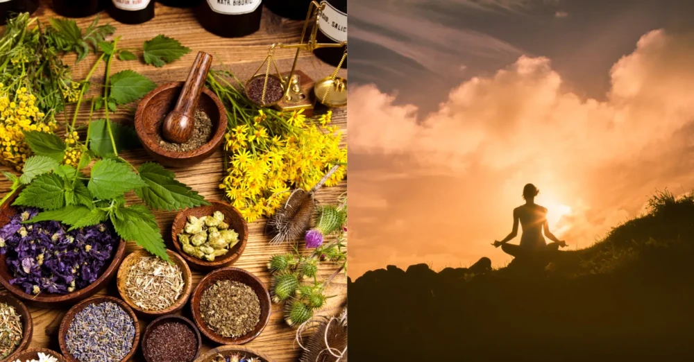 Herbal remedies and woman meditating at sunset representing naturopathic Lyme disease treatment and lifestyle support.