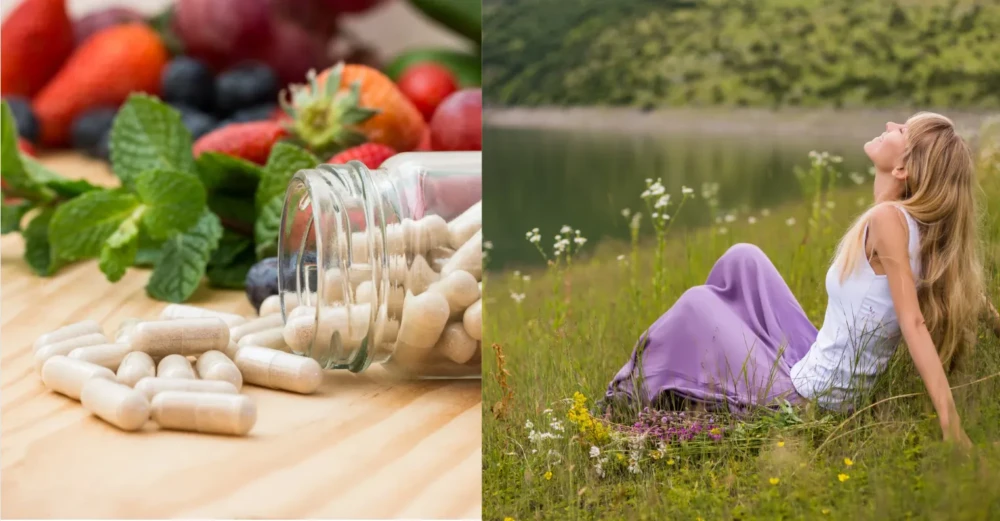 Woman sitting in a meadow near a lake, resting and looking up.