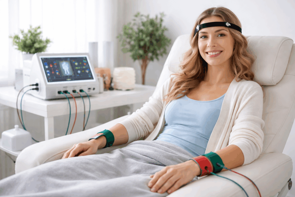 Woman receiving bioresonance therapy in a naturopathic medicine clinic for holistic health and wellness support. Focused on holistic health, functional wellness, and natural healing.
